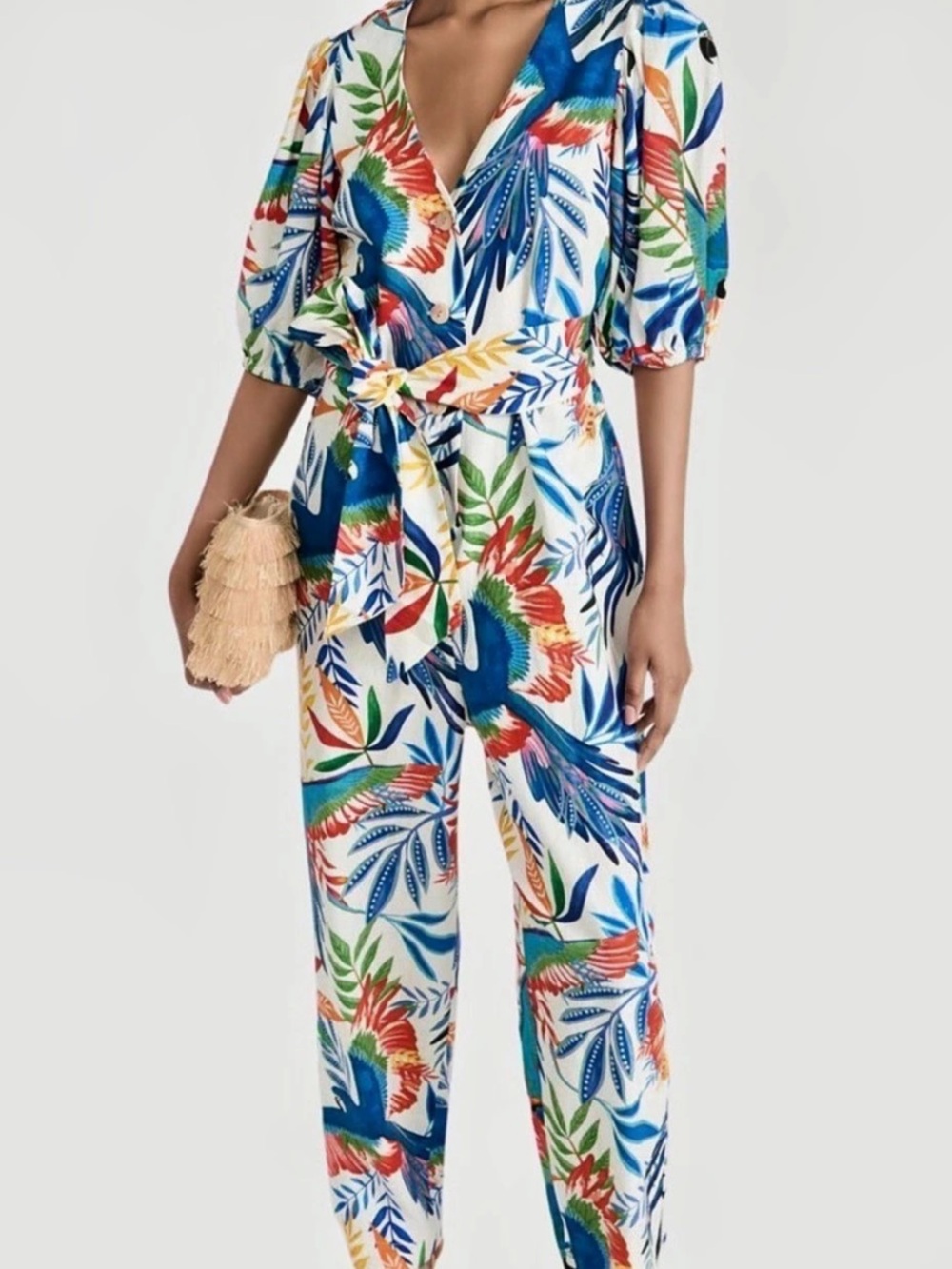 Farm Rio Macaw Forest Jumpsuit Floral White & Blue - Picture 3 of 4